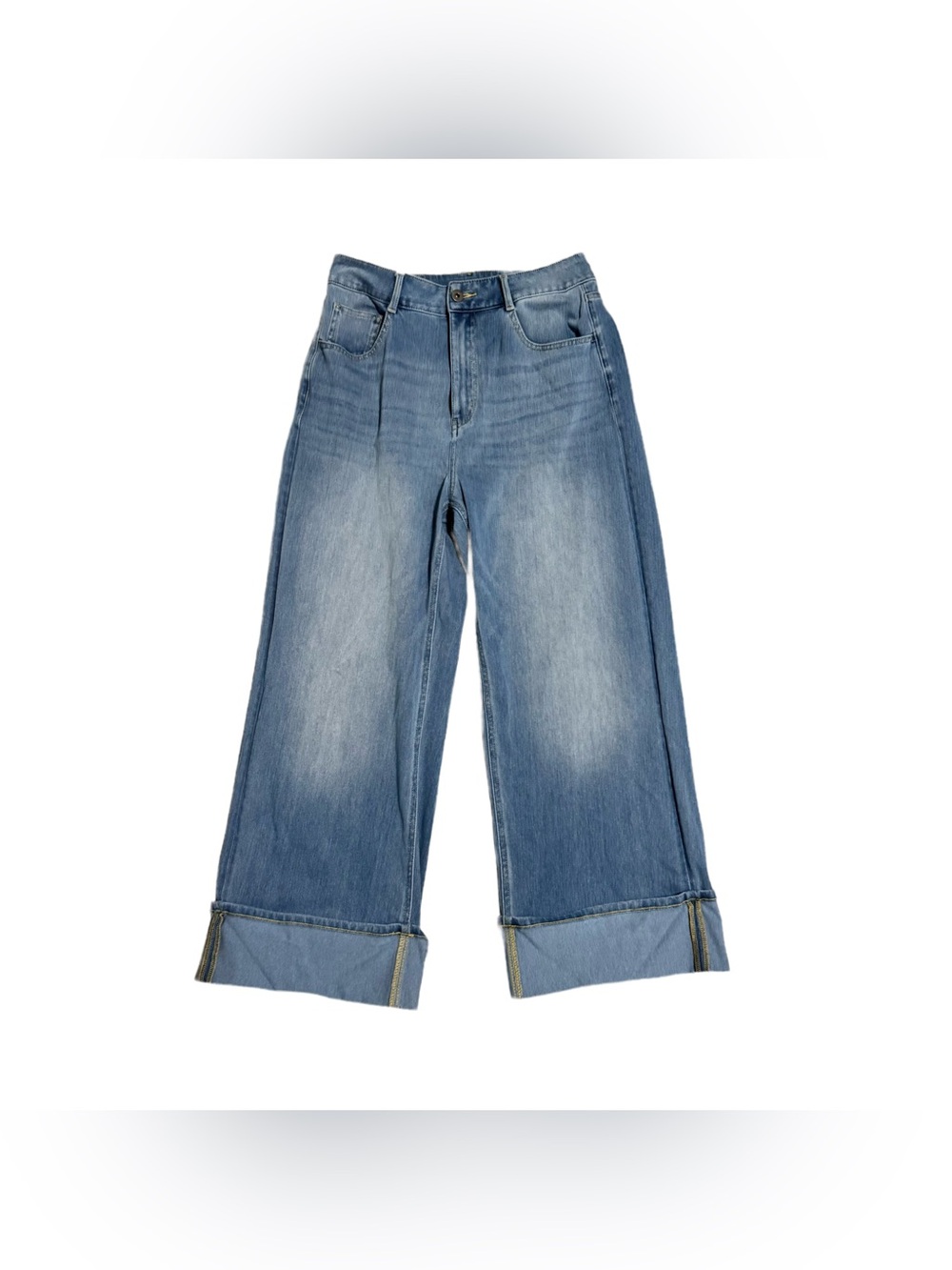 Halara Flex Women's Medium High Waisted Pockets Rolled Hem Wide Leg Jean Blue - Picture 2 of 5